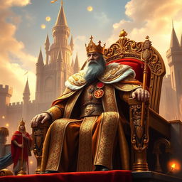 A powerful and majestic king ruling over a vast kingdom, dressed in ornate royal robes adorned with intricate gold patterns