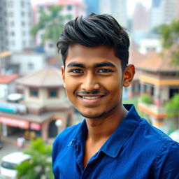 A portrait of a 25-year-old Bangladeshi young man, with a warm smile, standing confidently against a blurred cityscape background
