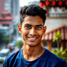 A portrait of a 25-year-old Bangladeshi young man, with a warm smile, standing confidently against a blurred cityscape background