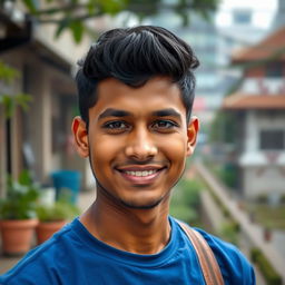 A portrait of a 25-year-old Bangladeshi young man, with a warm smile, standing confidently against a blurred cityscape background