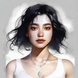 A high-resolution digital art piece featuring a captivating 25-year-old woman with big brown eyes and shoulder-length semi-curly black hair