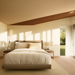 A modern styled bedroom with neutral tones, filled with soft sunlight. It has a plush king size bed, stylish nightstands, and calming artwork on the walls.