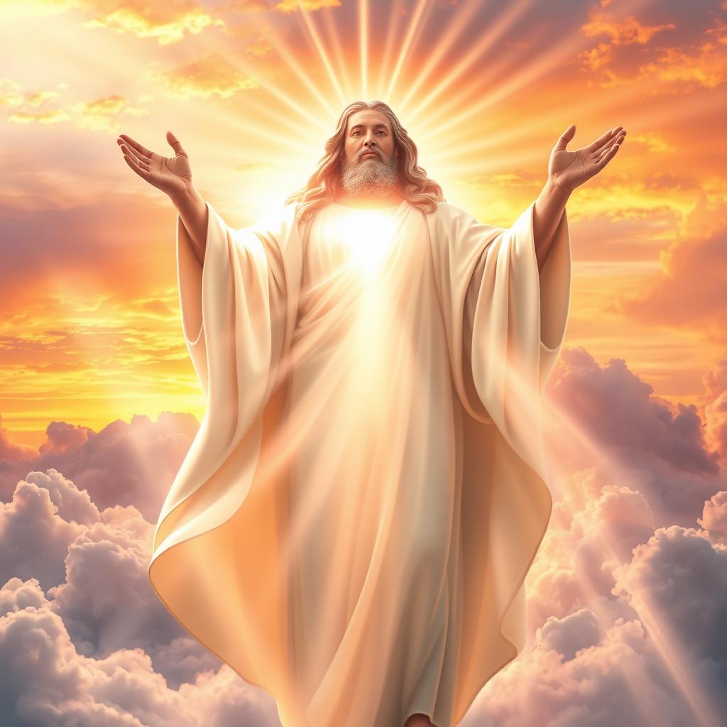 A powerful image of a divine figure representing God, radiating light and surrounded by ethereal clouds