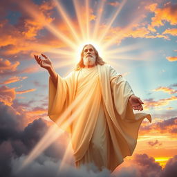 A powerful image of a divine figure representing God, radiating light and surrounded by ethereal clouds