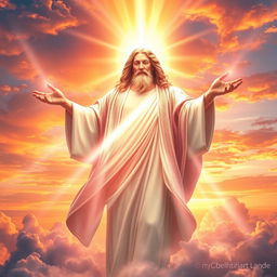 A powerful image of a divine figure representing God, radiating light and surrounded by ethereal clouds