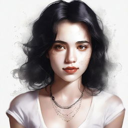 A high-resolution digital art piece featuring a captivating 25-year-old woman with big brown eyes and shoulder-length semi-curly black hair