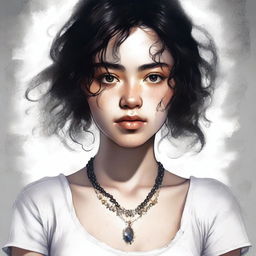 A high-resolution digital art piece featuring a captivating 25-year-old woman with big brown eyes and shoulder-length semi-curly black hair