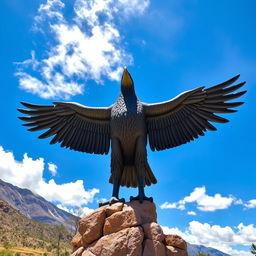 A majestic statue of a condor with its wings fully spread open, showcasing intricate details in the feathers