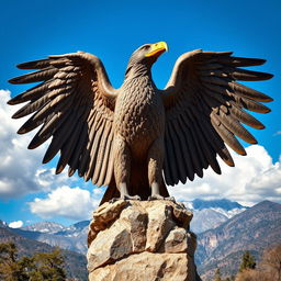 A majestic statue of a condor with its wings fully spread open, showcasing intricate details in the feathers