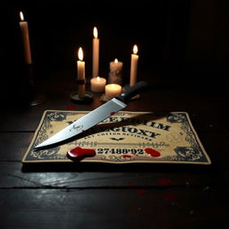 A spooky Ouija board laid out on a dark, wooden table