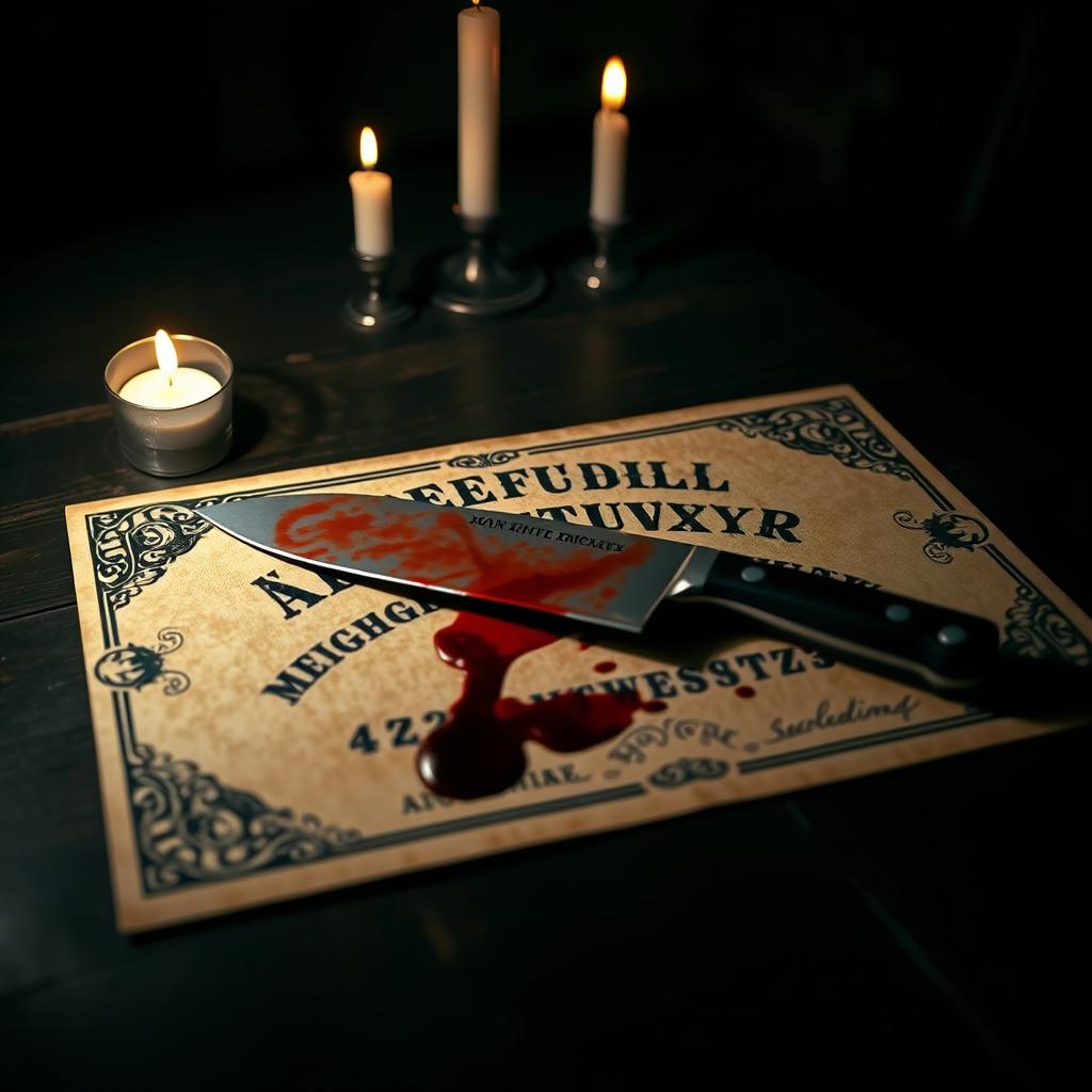 A spooky Ouija board laid out on a dark, wooden table