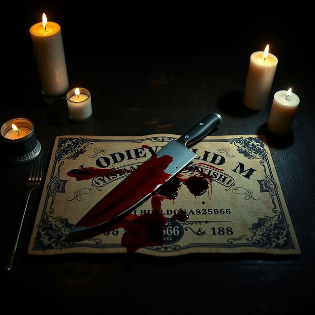 A spooky Ouija board laid out on a dark, wooden table