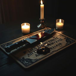 A spooky Ouija board laid out on a dark, wooden table