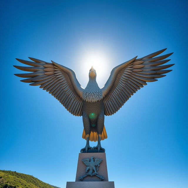 A majestic Condor statue with its wings fully spread open, showcasing intricate details in its feathers