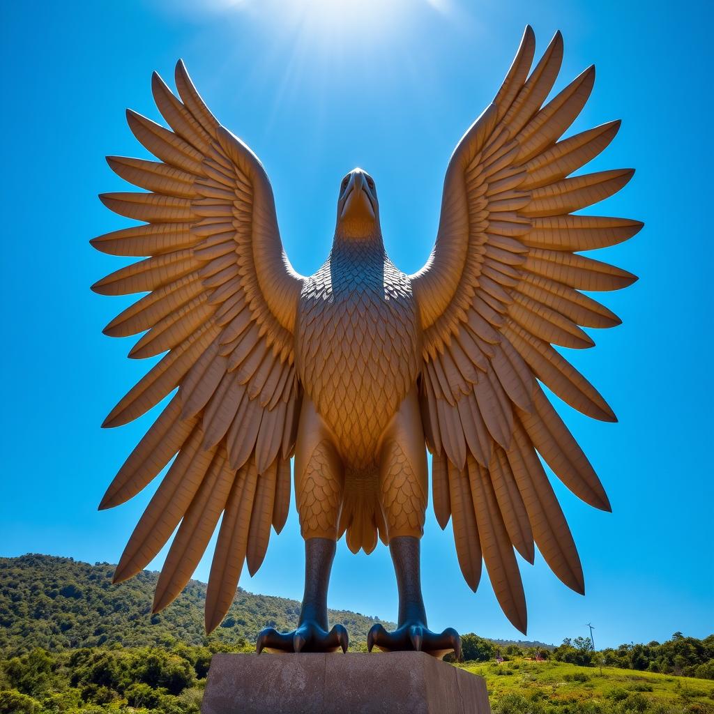 A majestic Condor statue with its wings fully spread open, showcasing intricate details in its feathers