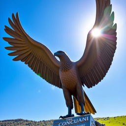 A majestic Condor statue with its wings fully spread open, showcasing intricate details in its feathers
