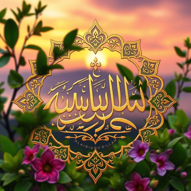 An elaborate and ornate depiction of the Arabic phrase 'Alhamdulillah' beautifully calligraphed in gold and surrounded by lush green leaves and colorful flowers