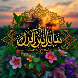 An elaborate and ornate depiction of the Arabic phrase 'Alhamdulillah' beautifully calligraphed in gold and surrounded by lush green leaves and colorful flowers