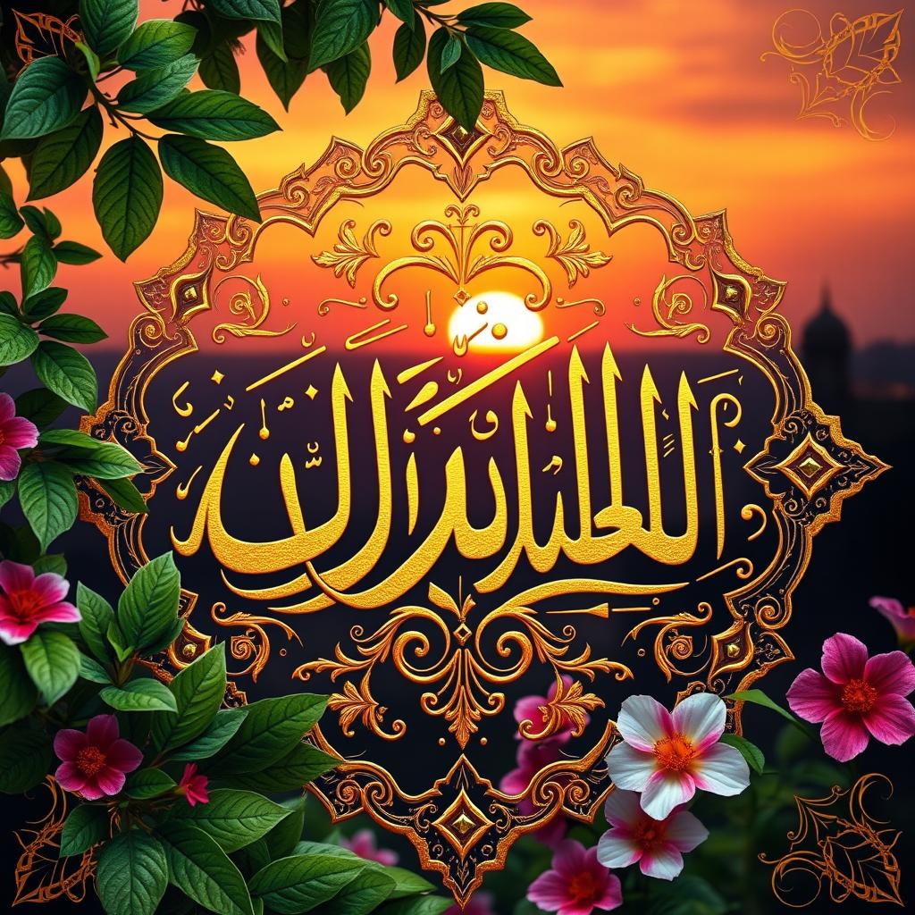 An elaborate and ornate depiction of the Arabic phrase 'Alhamdulillah' beautifully calligraphed in gold and surrounded by lush green leaves and colorful flowers