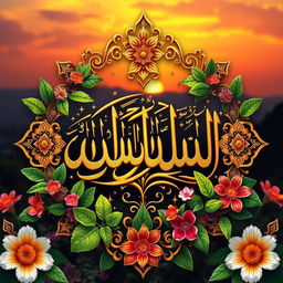 An elaborate and ornate depiction of the Arabic phrase 'Alhamdulillah' beautifully calligraphed in gold and surrounded by lush green leaves and colorful flowers