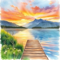 A serene watercolor painting for a book cover depicting a tranquil lakeside scene