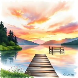 A serene watercolor painting for a book cover depicting a tranquil lakeside scene