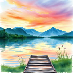 A serene watercolor painting for a book cover depicting a tranquil lakeside scene