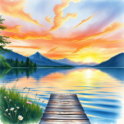 A serene watercolor painting for a book cover depicting a tranquil lakeside scene