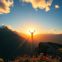 A breathtaking sunrise over a majestic mountain range, casting golden light on the peaks