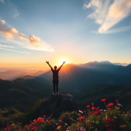 A breathtaking sunrise over a majestic mountain range, casting golden light on the peaks