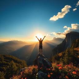 A breathtaking sunrise over a majestic mountain range, casting golden light on the peaks