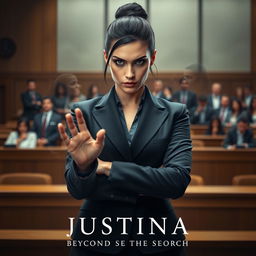 A fierce and determined female prosecutor standing confidently in a modern courtroom, her strong personality radiating through her expressive facial features