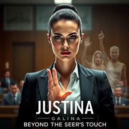 A fierce and determined female prosecutor standing confidently in a modern courtroom, her strong personality radiating through her expressive facial features