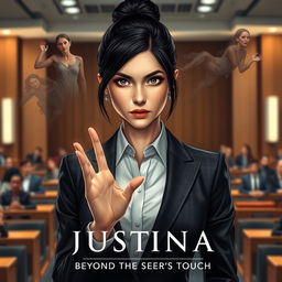A fierce and determined female prosecutor standing confidently in a modern courtroom, her strong personality radiating through her expressive facial features