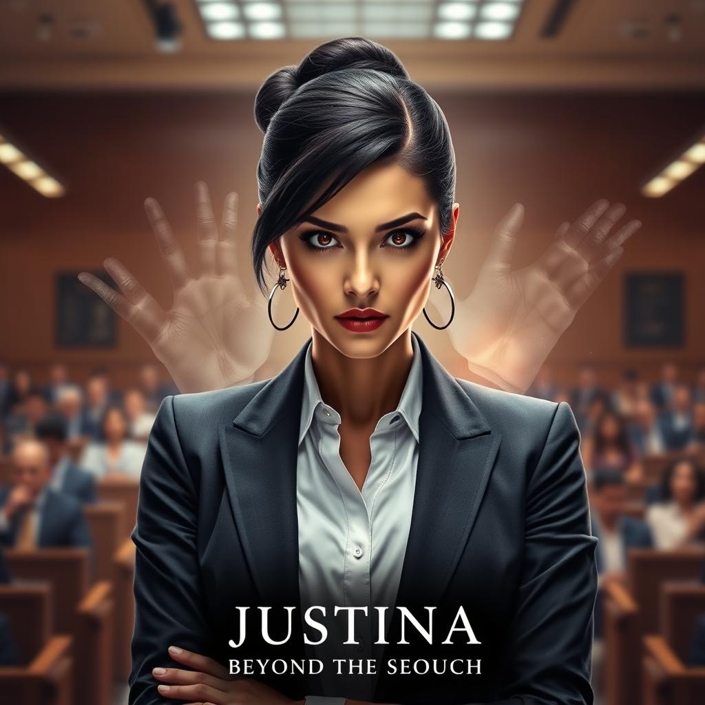 A fierce and determined female prosecutor standing confidently in a modern courtroom, her strong personality radiating through her expressive facial features