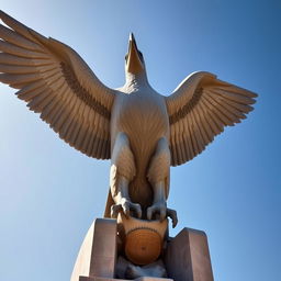 A majestic statue of a condor with its wings spread wide, towering at 2