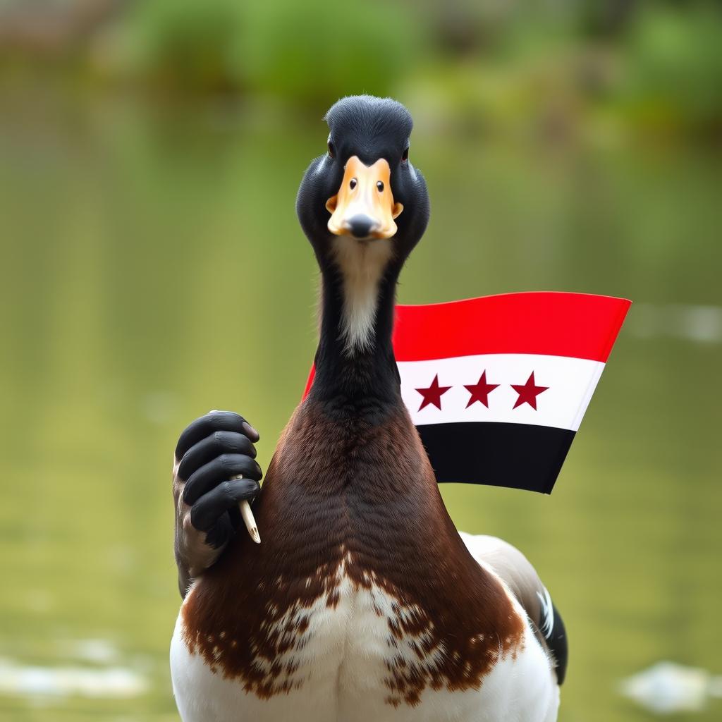 A charming duck proudly exhibiting the Syrian Revolution flag, with vibrant colors of red, black, and white contrasting against the duck's soft, fluffy feathers