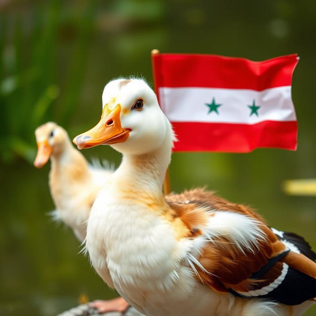 A charming duck proudly exhibiting the Syrian Revolution flag, with vibrant colors of red, black, and white contrasting against the duck's soft, fluffy feathers