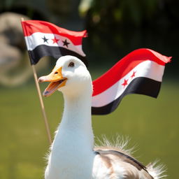 A charming duck proudly exhibiting the Syrian Revolution flag, with vibrant colors of red, black, and white contrasting against the duck's soft, fluffy feathers