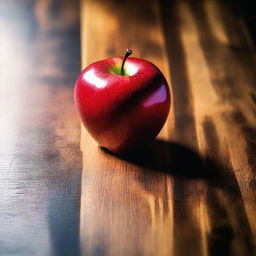 An image showcasing a ripe, red apple sitting on a polished wooden table