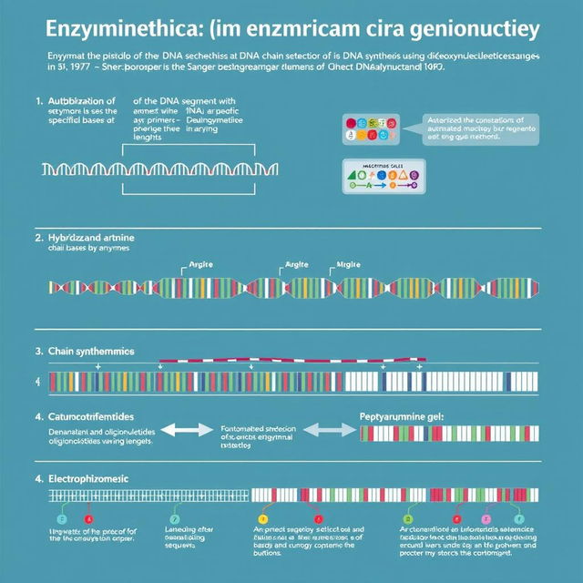 A detailed infographic illustrating the enzymatic method of DNA sequencing developed by Sanger in 1977