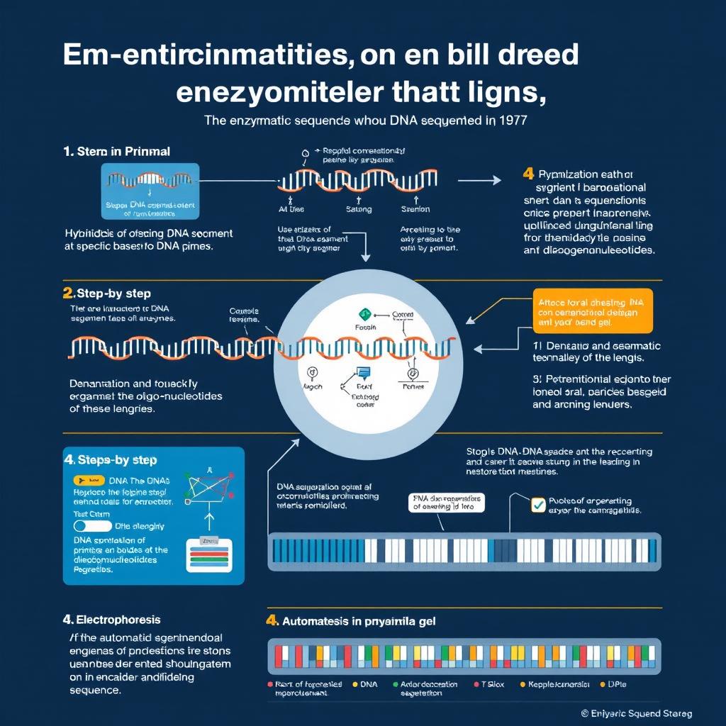 A detailed infographic illustrating the enzymatic method of DNA sequencing developed by Sanger in 1977