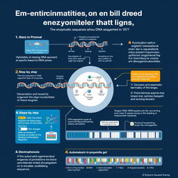 A detailed infographic illustrating the enzymatic method of DNA sequencing developed by Sanger in 1977