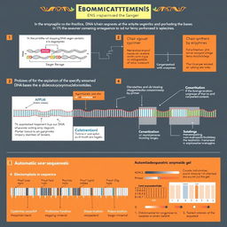 A detailed infographic illustrating the enzymatic method of DNA sequencing developed by Sanger in 1977