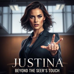 A powerful prosecutor named Justina, depicted as a confident young woman with striking features, exuding strength and determination