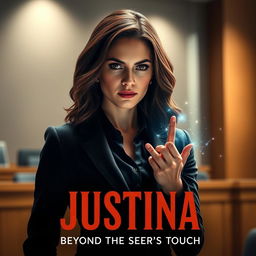 A powerful prosecutor named Justina, depicted as a confident young woman with striking features, exuding strength and determination