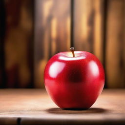 An image showcasing a ripe, red apple sitting on a polished wooden table