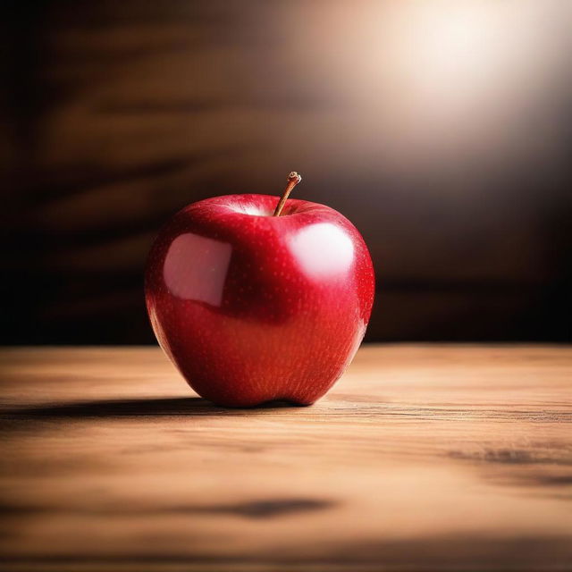 An image showcasing a ripe, red apple sitting on a polished wooden table