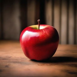 An image showcasing a ripe, red apple sitting on a polished wooden table