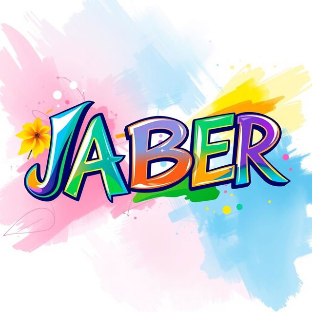 A vibrant and colorful artistic representation of the name 'JABER', with the letters designed in a dynamic and fluid style, incorporating bright colors like blue, green, and yellow